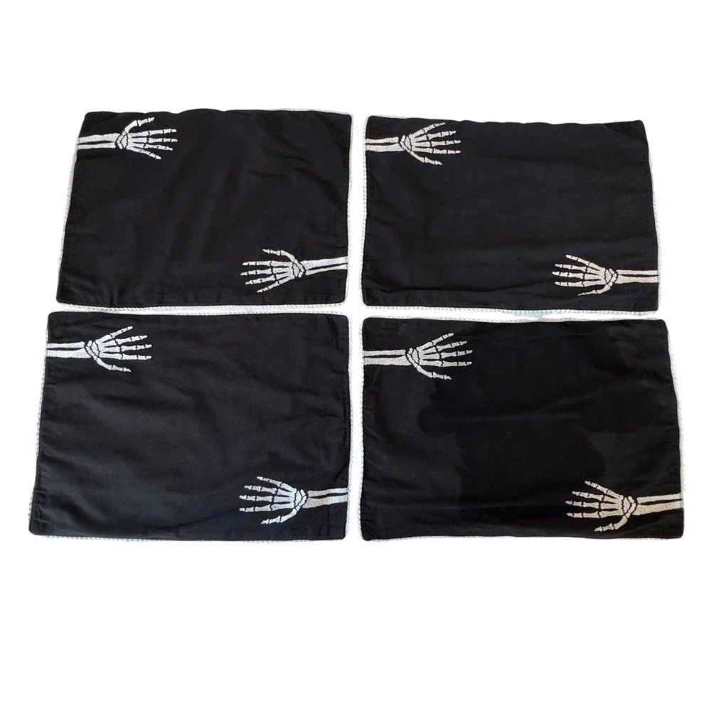 Max Studio Home Skeleton Hand Placemats Set 4 Black Cotton Halloween Goth Spooky